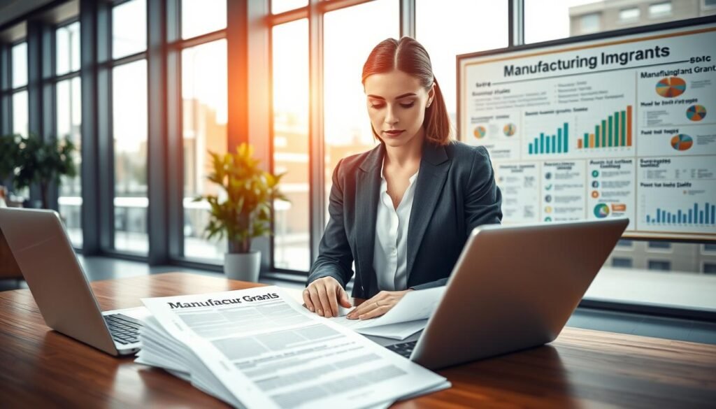 A sleek, modern office space with floor-to-ceiling windows that floods the room with warm, natural light. On a wooden desk, a laptop and a stack of official-looking documents labeled "Manufacturing Grants for Small Businesses". In the foreground, a businesswoman in a crisp suit reviewing the paperwork, her expression pensive yet hopeful. Behind her, a bulletin board displays graphs, charts, and success stories of small businesses that have benefited from these grants. The overall atmosphere conveys a sense of professionalism, innovation, and the potential for growth and opportunity.