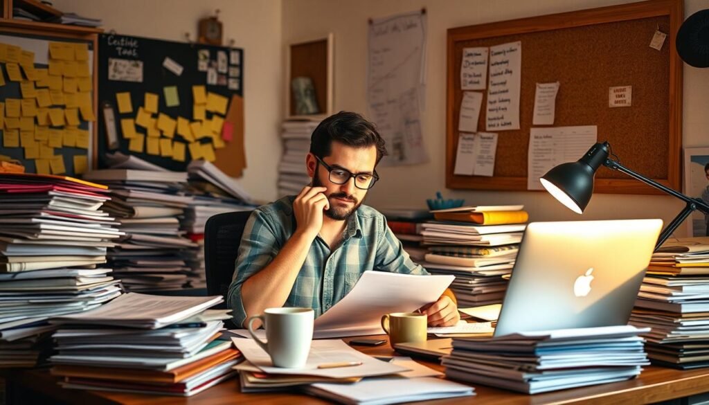 A small business owner working diligently at their cluttered desk, surrounded by stacks of paperwork, a laptop, and a cup of coffee. The lighting is warm and cozy, casting a soft glow on the scene. In the background, a wall of inspirational sticky notes and a corkboard with handwritten to-do lists hints at the owner's dedication and resourcefulness. The overall atmosphere conveys the challenges and determination of bootstrapping a venture, with a sense of focus and perseverance.