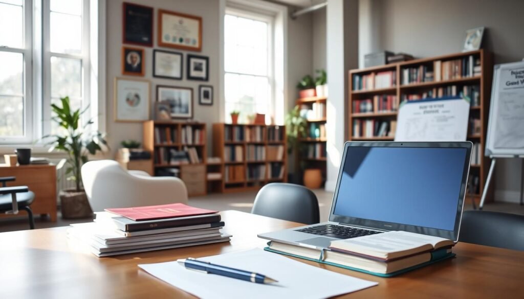 A spacious office interior with natural lighting streaming through large windows. In the foreground, a desk with an open laptop, a stack of books, and a pen resting on a notepad. On the walls, certificates and diplomas highlighting educational achievements. In the background, bookcases filled with reference materials, and a whiteboard displaying key grant writing requirements. The overall atmosphere conveys a professional, yet welcoming environment conducive to the diligent work of a grant writer.