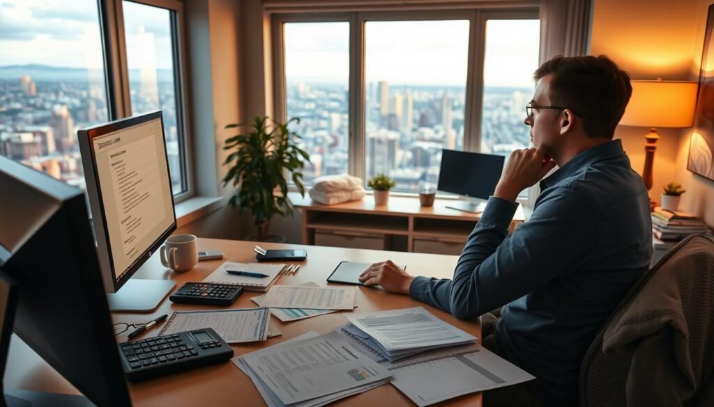 A spacious, well-lit home office with a desk, computer, and various financial documents. In the foreground, a person sits at the desk, thoughtfully examining student loan repayment options displayed on the computer screen. The middle ground features an array of financial tools and resources, such as a calculator, a calendar, and a stack of papers. The background showcases a panoramic view of a bustling city skyline, hinting at the larger financial landscape within which student loan repayment decisions are made. The lighting is warm and inviting, creating a contemplative atmosphere as the individual navigates the complexities of student loan management.