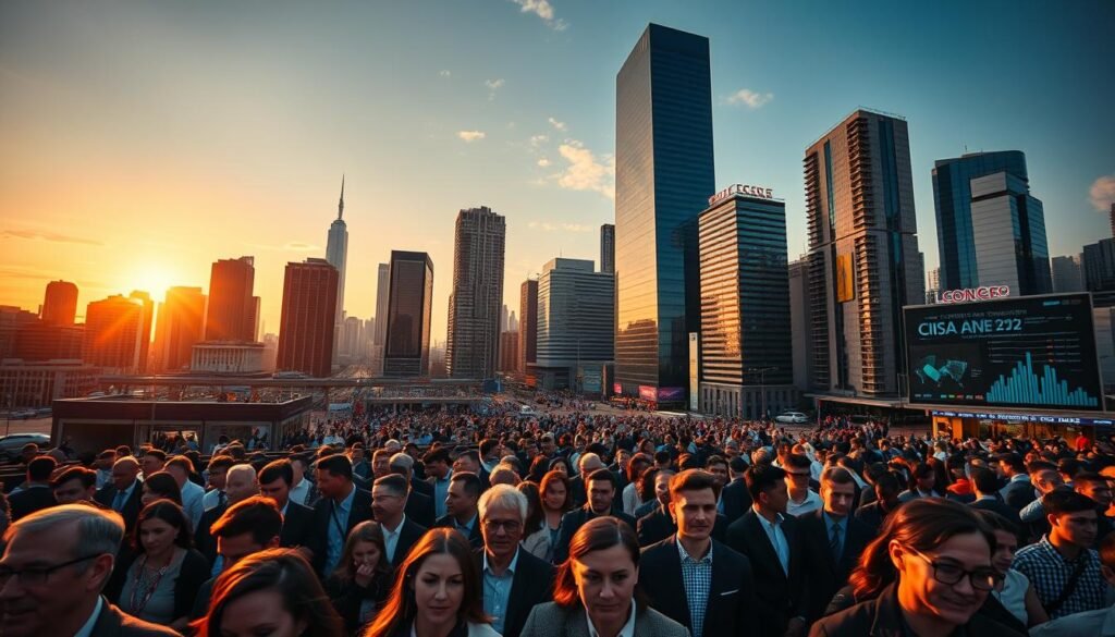 A sprawling cityscape of modern high-rises and bustling streets, illuminated by the warm glow of the setting sun. In the foreground, a crowd of professionals navigating the grant management industry, their faces etched with determination. The middle ground showcases data visualizations, charts, and graphs, highlighting the latest trends and challenges faced by this dynamic sector. In the background, a towering skyscraper looms, its sleek glass facade reflecting the shifting priorities and evolving landscape of grant management. Captured with a wide-angle lens, the scene conveys a sense of scale, complexity, and the pivotal role this industry plays in shaping the future.
