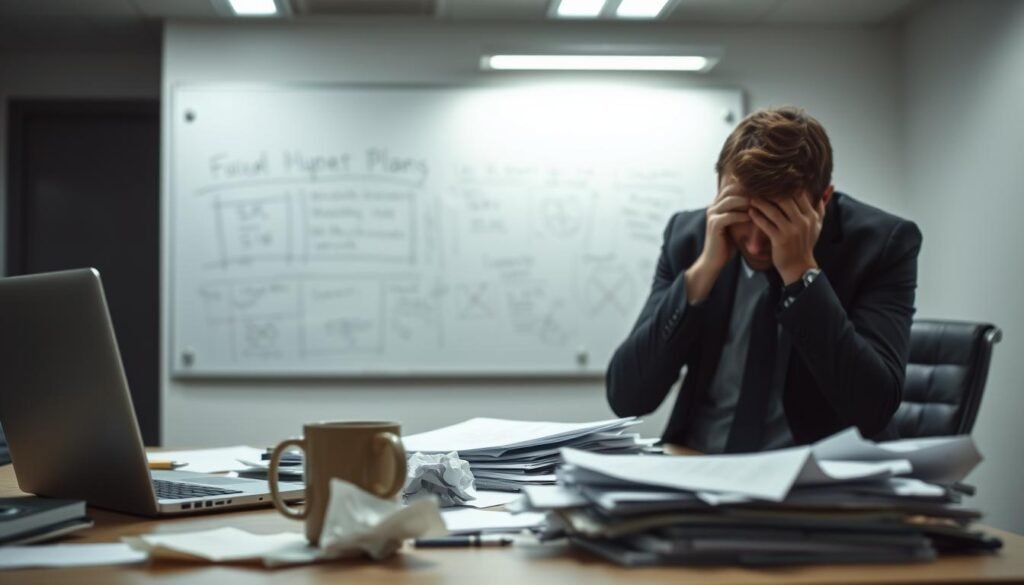 A stark corporate office setting, bathed in harsh fluorescent lighting. In the foreground, a disorganized desk cluttered with crumpled papers, a laptop teetering precariously, and a mug of cold coffee. A businessperson, shoulders slumped, head in hands, exasperation etched on their face. In the middle ground, a whiteboard covered in scribbled notes and crossed-out plans, evidence of a failed fundraising pitch. The background blurs into shadows, a sense of isolation and defeat. The overall mood is one of frustration, missed opportunities, and the weight of unrealized ambitions.
