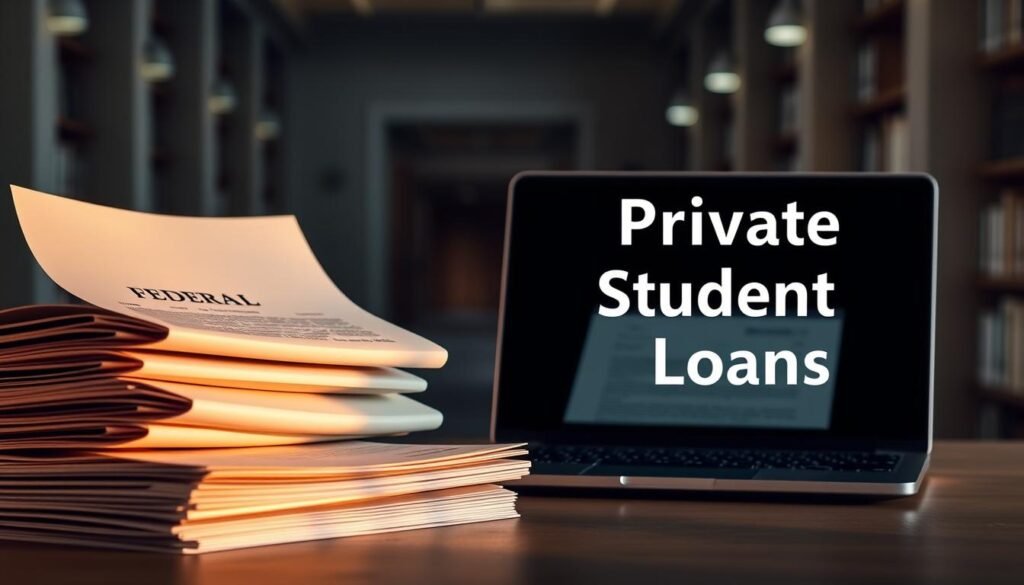 A striking visual comparison of federal and private student loans. In the foreground, a stack of official government documents representing federal loans, illuminated by warm, golden light. In the middle ground, a sleek, modern laptop and contract symbolizing private loan options, cast in a cool, clinical tone. The background features a blurred academic setting - a university campus or library - to ground the scene in an educational context. The composition creates a clear contrast between the two loan types, inviting the viewer to consider the distinct characteristics and implications of each. Subtle, muted tones evoke a sense of seriousness and importance befitting the subject matter.