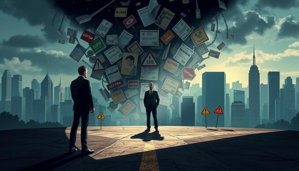 A stylized, cinematic illustration depicting the pitfalls of business credit. In the foreground, a well-dressed professional stands at a crossroads, facing a complex web of financial traps and obstacles. The middle ground features a collage of credit card statements, loan documents, and warning signs, casting an ominous shadow. In the background, a cityscape of towering skyscrapers conveys the high-stakes, high-pressure world of corporate finance. Dramatic lighting casts dramatic shadows, creating a sense of tension and unease. The overall mood is one of caution and vigilance, urging the viewer to navigate the treacherous landscape of business credit carefully.