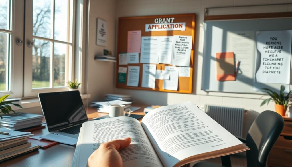 A sun-dappled office workspace, with a desk displaying a laptop, stacks of papers, and a mug of coffee. In the foreground, a hand holds an open book, while the background features a bulletin board adorned with informational flyers, grant application checklists, and motivational quotes. Warm, natural lighting filters through large windows, creating a cozy, productive atmosphere. The scene conveys a sense of guidance, support, and the resources available to grant applicants as they navigate the process.