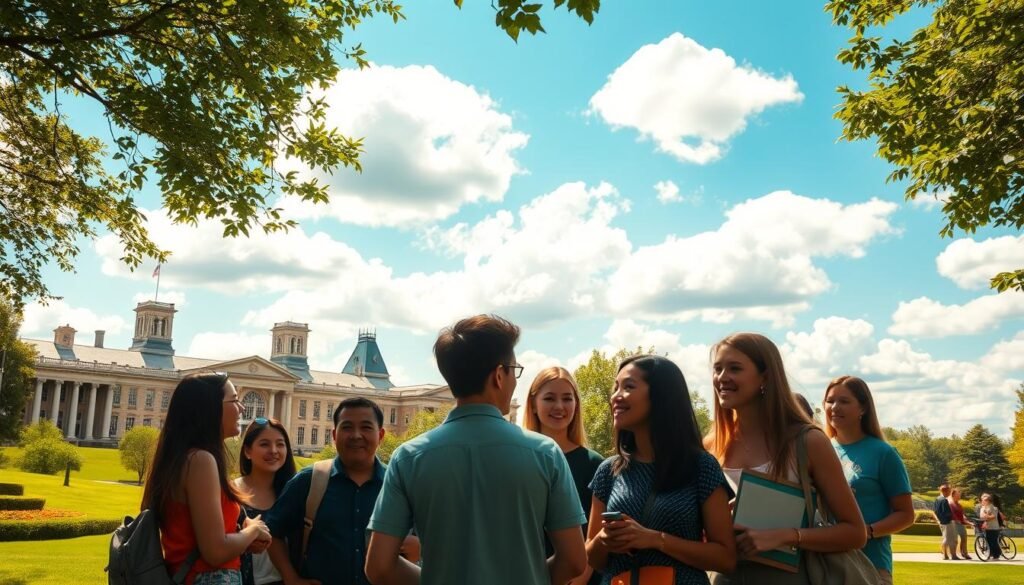 A sun-dappled outdoor scene depicting the top benefits of summer scholarships for US students. In the foreground, a group of diverse students engaged in lively discussions, their faces animated with enthusiasm. In the middle ground, a picturesque campus setting with stately buildings and lush greenery. In the background, a vibrant summer sky dotted with fluffy white clouds, conveying a sense of boundless opportunity. The lighting is warm and natural, casting a golden glow over the entire scene. The overall composition suggests the enriching academic and personal growth experiences that summer scholarships can provide.