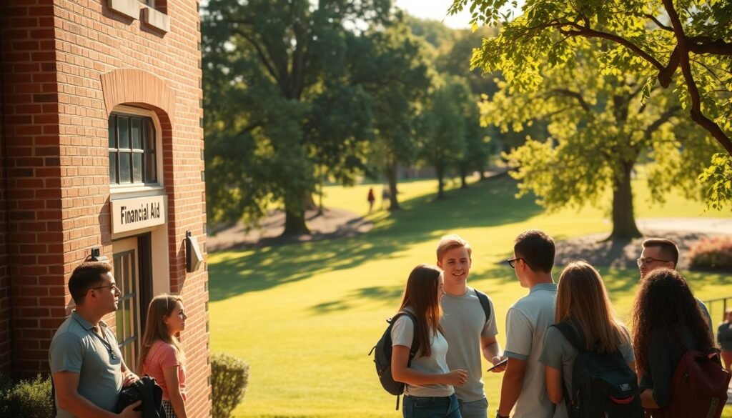A sun-drenched college campus, with a picturesque brick building in the foreground. A group of students gathered around a financial aid office, their faces filled with determination. The scene is captured through a wide-angle lens, conveying a sense of scale and community. Warm, golden lighting bathes the scene, creating a welcoming atmosphere. In the background, a sprawling green lawn and towering trees add depth and a sense of tranquility. The overall mood is one of optimism and academic pursuit, reflecting the importance of financial aid in making higher education accessible.