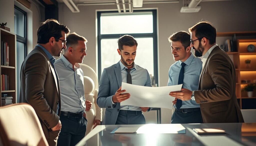 A sunlit office space, where a group of well-dressed investors gather around a young entrepreneur, leaning in intently as they discuss a business plan. Warm lighting casts a soft glow, conveying a sense of opportunity and collaboration. In the background, a sleek, modern desk and shelves filled with books and artifacts suggest an environment conducive to early-stage innovation. The investors' expressions are attentive, their body language open and engaged, as they provide guidance and financial support to the aspiring founder. This scene captures the essence of angel investors offering crucial early-stage backing to help a promising startup take flight.