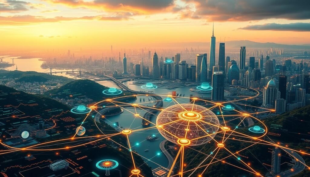 A sweeping landscape depicting the global venture capital landscape in 2025. In the foreground, a dynamic mosaic of data visualizations and financial charts, conveying the pulse of investment trends and growth patterns across regions and sectors. The middle ground features a network of interconnected hubs, representing thriving startup ecosystems and venture capital firms, their activities illuminated by pulsing data streams. In the background, a majestic, futuristic cityscape with towering skyscrapers and gleaming technological infrastructure, symbolizing the innovations fueled by venture capital. Bathed in a warm, optimistic glow, the scene evokes a sense of boundless potential and collaborative innovation shaping the future of the global economy.