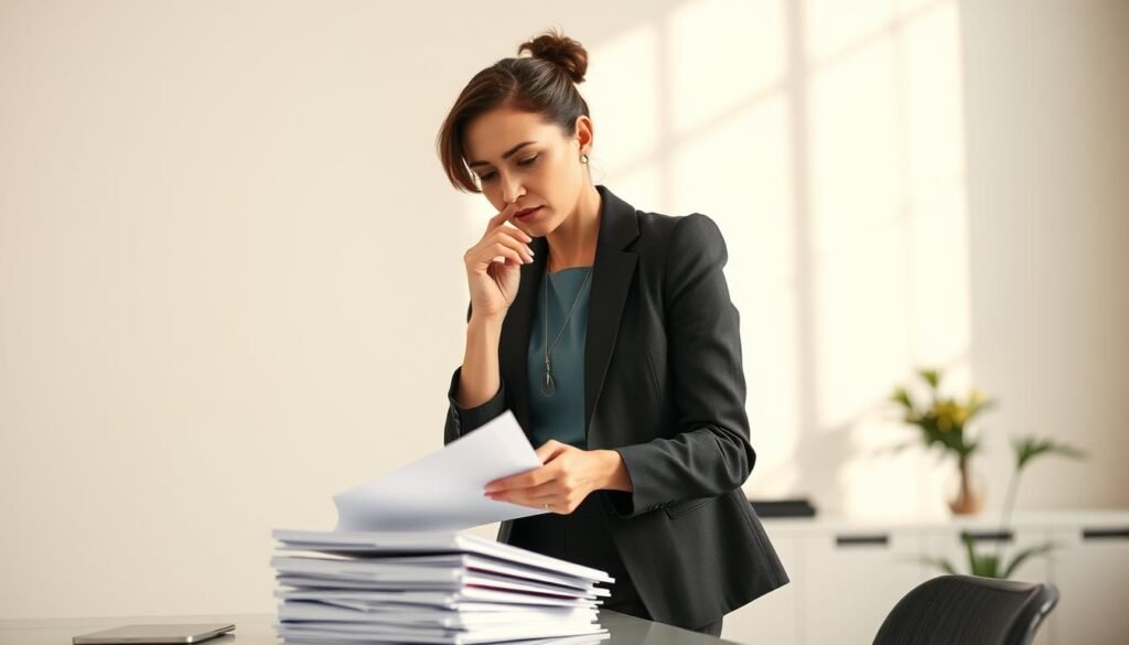A thoughtful woman in a business attire standing in a bright, minimalist office setting, contemplating a stack of papers on her desk. The lighting is soft and natural, casting a warm glow. The background is clean and uncluttered, allowing the subject to be the focal point. The woman's expression conveys a sense of focus and determination, as she carefully reviews the documents, mindful of avoiding common grant application mistakes. The overall atmosphere is one of quiet confidence and careful attention to detail.
