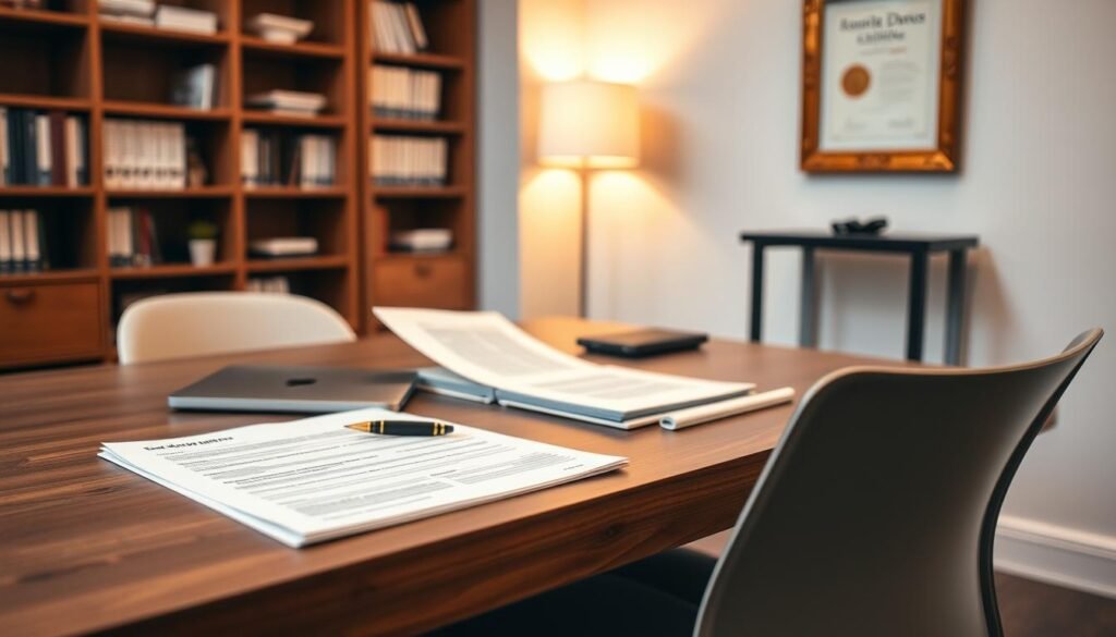 A tranquil office setting, with a wooden desk and modern chair. On the desk, an open laptop, a stack of documents, and a pen poised over a scholarship application form. A well-lit room, with warm, diffused lighting casting a soft glow on the scene. In the background, a bookshelf filled with reference materials, and a framed degree or certificate on the wall, hinting at the academic nature of the task at hand. The overall atmosphere is one of focus, determination, and a sense of purpose, as the applicant navigates the scholarship application process.