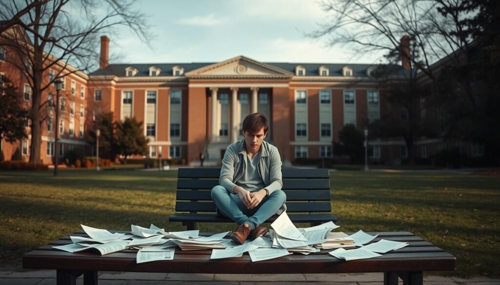 A university campus with a large, imposing brick building in the background, representing the institution. In the foreground, a student in a casual outfit sits on a bench, looking concerned and overwhelmed, surrounded by scattered papers and documents, symbolizing the burden of student loans. Soft, muted lighting casts long shadows, creating a pensive atmosphere. The scene conveys the challenges and anxieties faced by students navigating the complexities of financing their education.