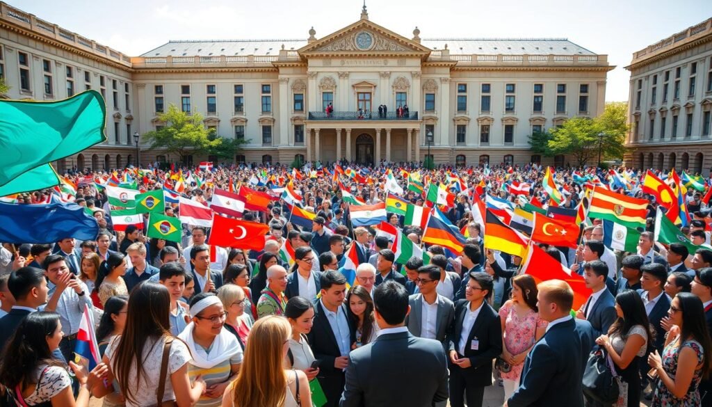 A vast, diverse crowd of international students from all corners of the globe, each holding a vibrant array of national flags. They stand united, their faces alight with excitement and anticipation, gathered in a spacious, sun-drenched academic courtyard. In the foreground, a group of scholars in formal attire converse animatedly, while in the middle ground, students exchange contact information and network enthusiastically. In the background, a majestic, stately university building with ornate architecture serves as a symbolic backdrop, radiating a sense of prestige and global connectivity. The scene conveys the energy, diversity, and promise of international graduate funding opportunities.