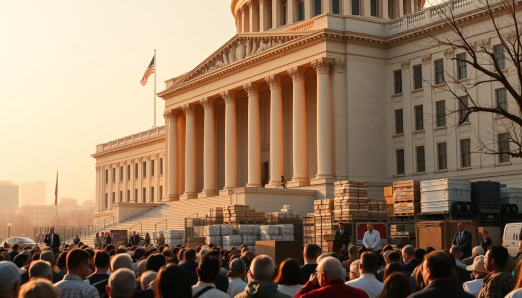 A vast government building, its imposing facade bathed in warm, golden light, symbolizing the power and authority of federal emergency funding. In the foreground, a cluster of people, their faces etched with concern, gathered around a podium as a dignified official addresses the crowd, their words carrying the weight of an unprecedented crisis. The middle ground showcases a diverse array of relief supplies and medical equipment, each item a testament to the government's swift and decisive action. In the background, a hazy, yet hopeful cityscape, reflecting the resilience and determination of a nation united in the face of adversity. Captured through a cinematic, wide-angle lens, this image conveys the gravity and significance of federal emergency funding during the COVID-19 pandemic.