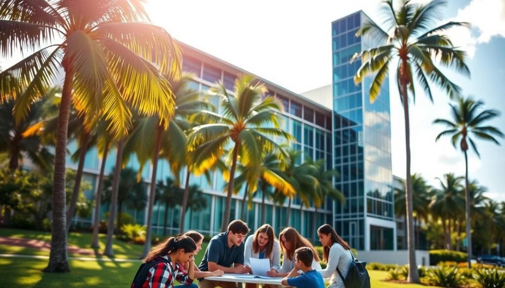 A vibrant Florida landscape serves as the backdrop, with palm trees swaying in the warm breeze. In the foreground, a sleek, modern university building stands tall, its glass facade reflecting the azure sky. Inside, students gather around a table, poring over documents and discussing the renewal criteria for the prestigious Bright Futures Scholarship. The lighting is soft and warm, creating a sense of focus and purpose. The camera angle is slightly elevated, giving a birds-eye view of the scene, emphasizing the importance of the topic at hand. The overall mood is one of academic achievement and determination, with the students engaged in the process of maintaining their scholarship eligibility.