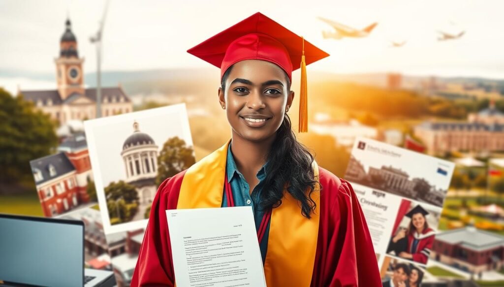 A vibrant academic setting with a graduate student standing at the center, surrounded by a collage of scholarship documents, laptop, and academic regalia. The lighting is warm and inviting, with a soft focus on the student's face, conveying a sense of determination and purpose. In the background, blurred images of campus buildings and a scenic landscape suggest a renowned university environment. The overall composition creates an atmosphere of intellectual pursuit and the promise of funded graduate study opportunities.