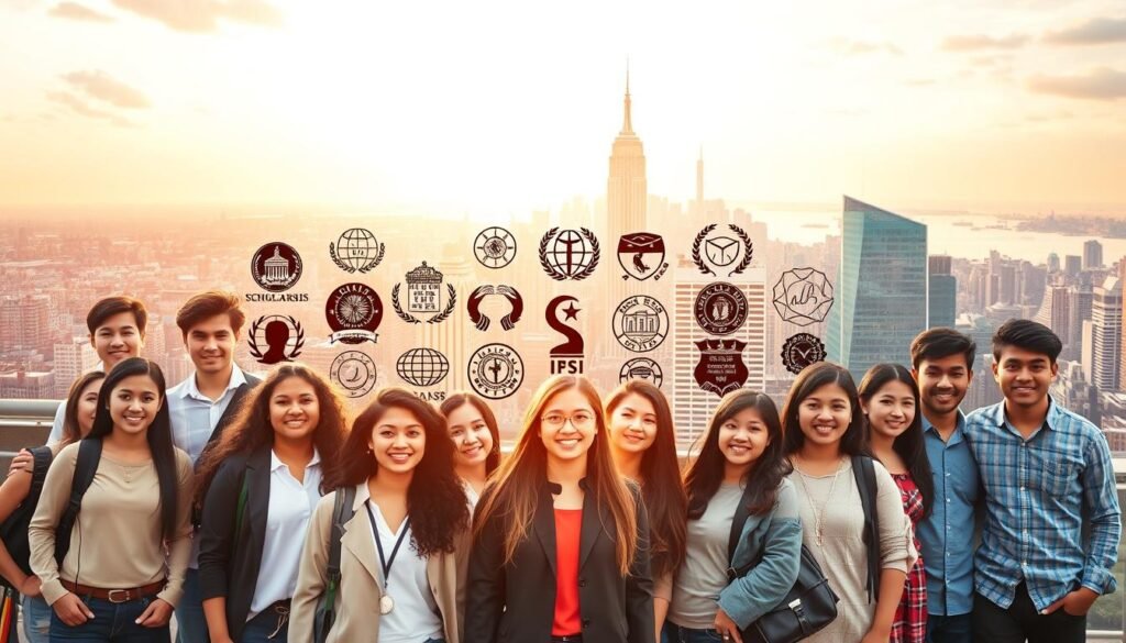 A vibrant and dynamic image showcasing the top scholarships for global scholars in the United States. In the foreground, a diverse group of international students, each representing a different country, stands united, their faces radiating hope and determination. The middle ground features a collage of scholarship logos and emblems, highlighting the prestigious opportunities available. In the background, a stunning cityscape of skyscrapers and landmarks symbolizes the global reach and prestige of these educational programs. Warm, golden lighting casts a welcoming glow, creating a sense of opportunity and achievement. The image conveys the idea of international collaboration, academic excellence, and the life-changing potential of these coveted scholarships.