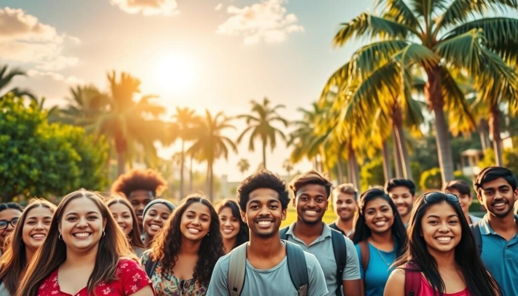 A vibrant and dynamic landscape depicting the essence of the Florida Bright Futures scholarship program. In the foreground, a group of diverse students in a campus setting, their faces radiating with enthusiasm and determination. The middle ground showcases the iconic Florida palm trees and lush greenery, creating a serene and welcoming atmosphere. In the background, a sun-drenched sky with soft, golden hues reflects the program's promise of a bright future. The scene is illuminated by a warm, natural lighting that captures the spirit of educational empowerment and opportunity. The composition is balanced, with a sense of depth and movement, inviting the viewer to immerse themselves in the transformative experience of the Bright Futures scholarship.