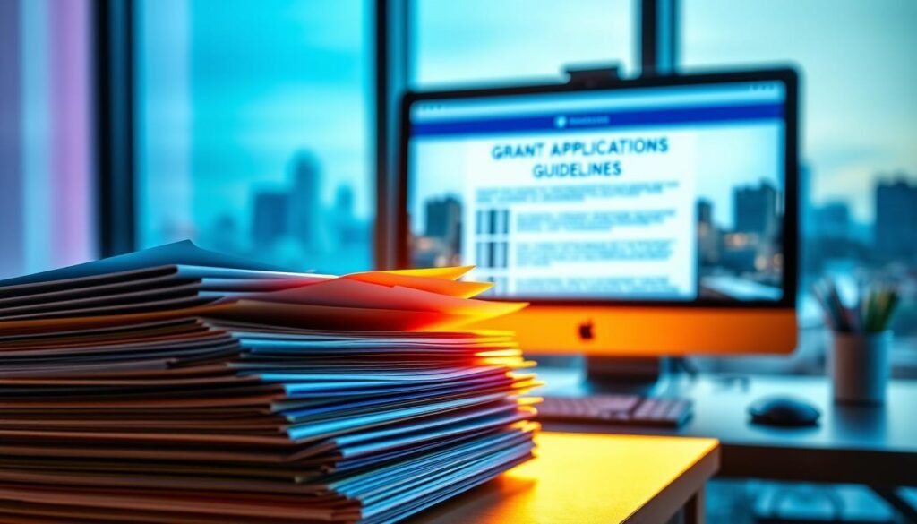 A vibrant and dynamic scene of state and local business grants. In the foreground, a stack of folders and documents representing various grant programs, illuminated by warm, focused lighting. In the middle ground, a computer screen displays grant application guidelines, with a city skyline visible through the window behind it. The background is a soft, blurred gradient of blues and greens, suggesting a sense of opportunity and growth. The overall atmosphere is one of professionalism, diligence, and the potential for financial support for small businesses.