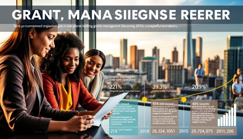 A vibrant and informative infographic depicting the current trends in the grants management career landscape. In the foreground, a team of diverse professionals collaborating on a grant proposal, their expressions focused and determined. In the middle ground, a visual timeline charting the growth of grants management roles over the past decade, with data visualizations showcasing the rising demand and evolving skill requirements. In the background, a cityscape with modern office buildings, symbolizing the increasingly prominent role of grants management in the nonprofit and public sectors. The scene is illuminated by warm, natural lighting, conveying a sense of professionalism and optimism about the future of this dynamic career path.