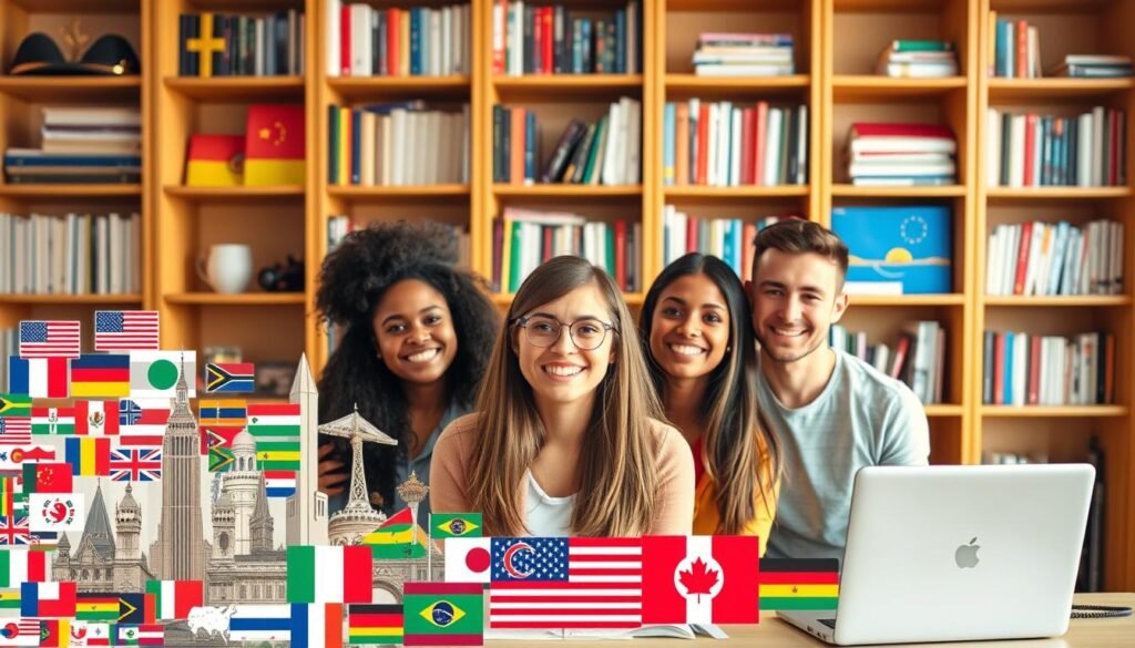 A vibrant and informative visual representation of the "Top Study Abroad Scholarships for U.S. Students". In the foreground, a collage of diverse international flags and landmarks, symbolizing the global reach of these opportunities. In the middle ground, a group of smiling, diverse students, representing the inclusive nature of these scholarships. In the background, a bookshelf filled with resources and a laptop, emphasizing the research and application process. The scene is bathed in a warm, golden light, conveying a sense of discovery, opportunity, and personal growth. The overall composition is clean, well-balanced, and visually appealing, effectively capturing the essence of the article's subject matter.
