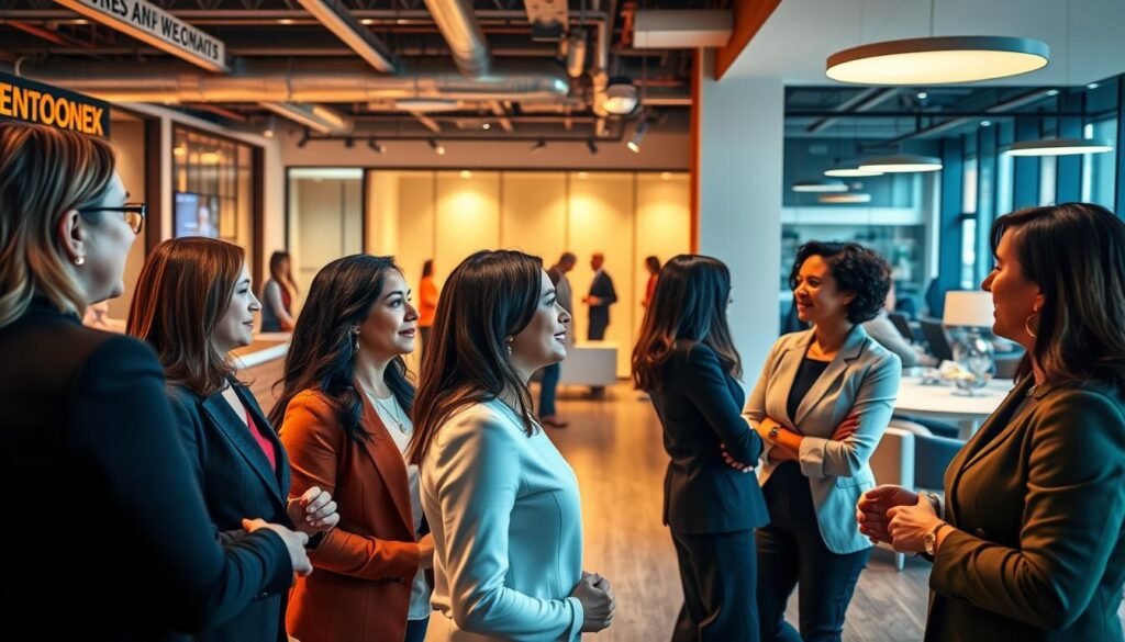A vibrant, bustling scene of a women's business center, illuminated by warm, natural lighting. In the foreground, a group of women in professional attire engaged in animated discussion, their expressions exuding confidence and determination. The middle ground features a reception area with sleek, modern furnishings and a welcoming atmosphere. In the background, glimpses of private offices and collaborative workspaces, where women entrepreneurs collaborate and share ideas. The overall atmosphere conveys a sense of empowerment, community, and boundless potential for the women-led businesses thriving within.