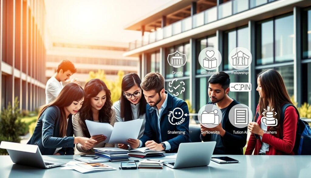 A vibrant collage depicting the diverse funding opportunities available for MBA students. In the foreground, a group of prospective business leaders gather around a table, poring over scholarship brochures and laptops. The middle ground showcases icons representing various financial aid options, such as grants, fellowships, and tuition waivers. In the background, a sleek, modern university campus serves as the backdrop, its architecture suggesting an atmosphere of academic excellence. Warm, directional lighting illuminates the scene, casting a sense of optimism and opportunity. The overall composition conveys the idea of empowering aspiring business professionals to achieve their goals through accessible and varied MBA funding programs.