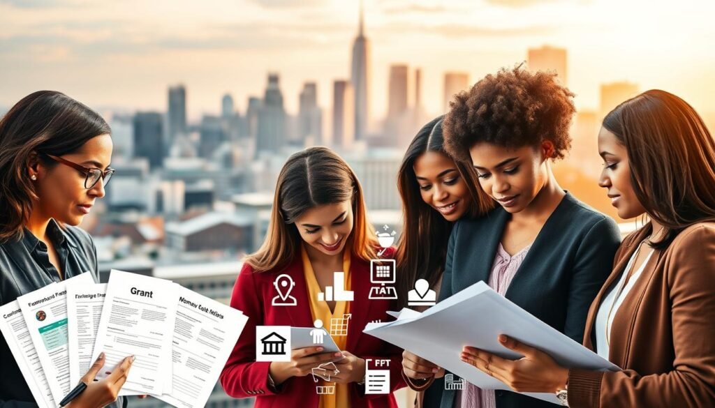 A vibrant collage depicting various types of small business grants for women entrepreneurs. In the foreground, a diverse group of female business owners reviewing documents and discussing grant opportunities. In the middle ground, a collection of grant application forms, financial documents, and icons representing different grant categories such as technology, innovation, and community development. In the background, a soft, blurred cityscape with skyscrapers and a warm, golden-hour lighting, conveying a sense of growth, opportunity, and support for women-led enterprises.
