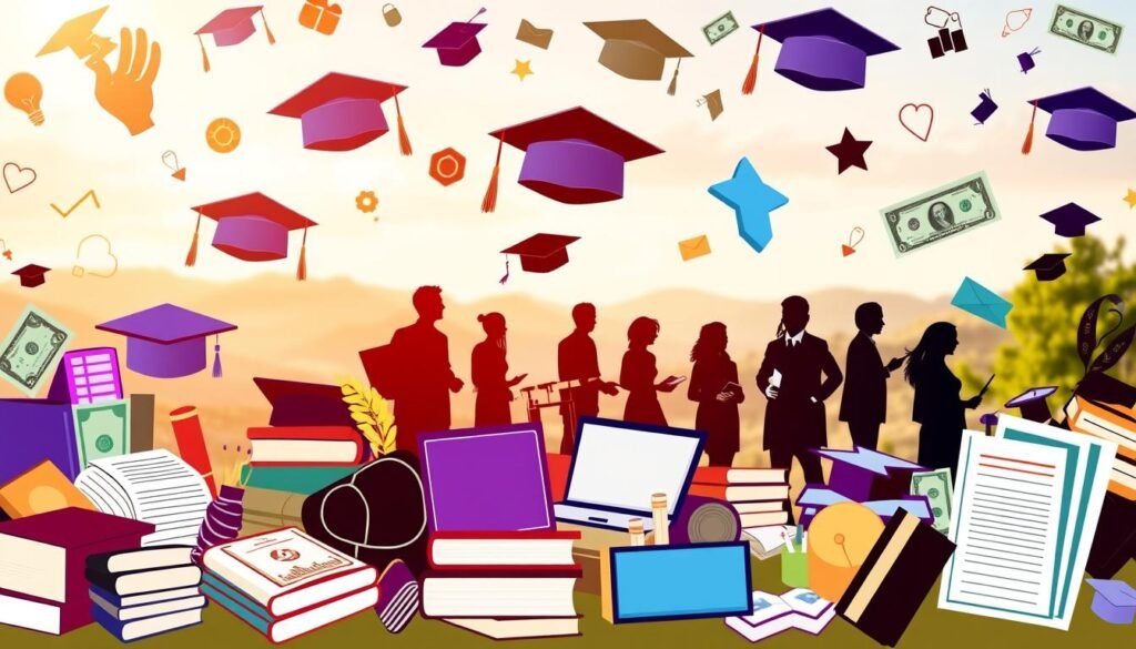 A vibrant collage of various scholarship types, captured in a dynamic, photorealistic style. The foreground features a diverse array of scholarship icons, including graduation caps, books, laptops, and dollar bills, arranged in a visually engaging composition. The middle ground showcases silhouettes of students in different academic pursuits, representing the diverse recipients of these opportunities. The background is a soft, blurred landscape, evoking a sense of academic achievement and personal growth. The lighting is warm and inviting, creating a sense of optimism and opportunity. The overall scene conveys the breadth and accessibility of scholarship options available to students.