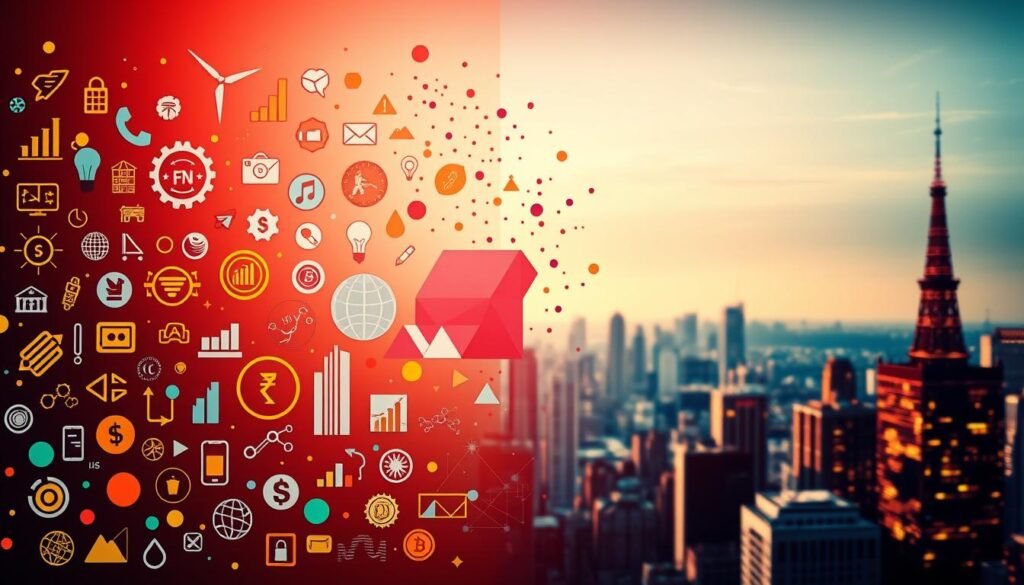 A vibrant collage of venture capital investment sectors, illuminated by warm, directional lighting. In the foreground, abstract icons and symbols representing cutting-edge industries like fintech, AI, and clean energy. In the middle ground, a dynamic mosaic of geometric shapes and patterns, hinting at the diverse range of startup ecosystems. The background features a subtle cityscape, conveying the urban, fast-paced nature of the VC landscape. The overall atmosphere is one of innovation, growth, and boundless potential, captured through a cinematic, wide-angle lens.