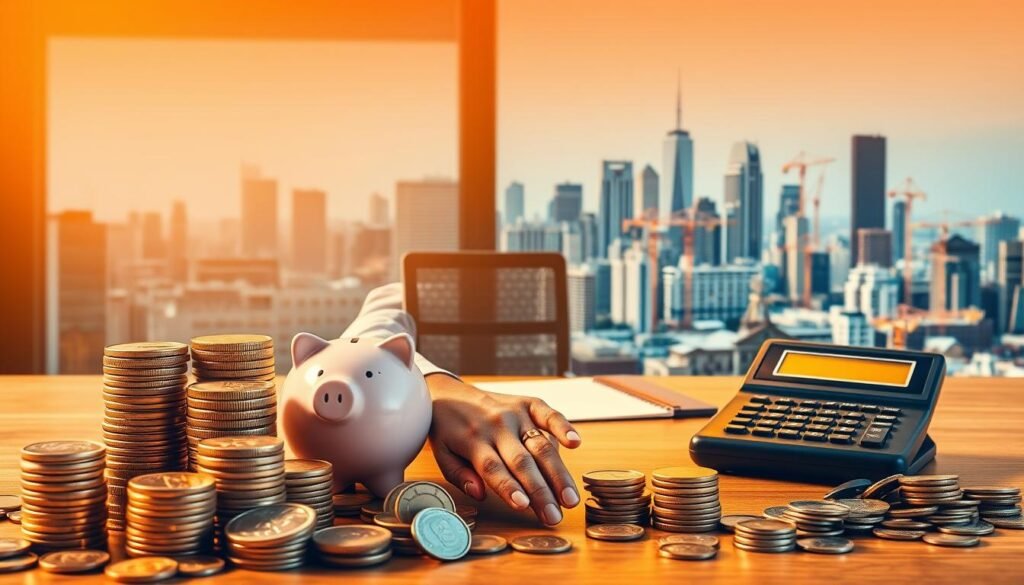 A vibrant collage showcasing diverse seed funding options. In the foreground, an array of coin stacks, piggy banks, and handshakes representing angel investors, family, and friends. In the middle ground, a venture capitalist's desk with a laptop, documents, and a calculator, casting a warm, professional glow. In the background, a bustling city skyline with skyscrapers and cranes, symbolizing the growth potential of startups. Warm, amber lighting bathes the scene, conveying a sense of opportunity and potential. The composition is balanced, with clean lines and a cohesive color palette, inviting the viewer to explore the different facets of seed funding.