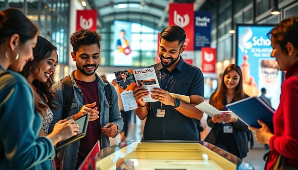 A vibrant, colorful image showcasing various scholarship marketing strategies. In the foreground, a group of diverse students interacting with a sleek touchscreen display, exploring scholarship opportunities. In the middle, a well-designed brochure and informational pamphlets are being distributed by a friendly, approachable staff. The background features a modern university campus, with eye-catching banners and digital signage promoting the scholarship program. The lighting is warm and inviting, creating a sense of enthusiasm and accessibility. The overall composition conveys a dynamic, engaging, and visually appealing marketing campaign aimed at attracting prospective scholarship applicants.