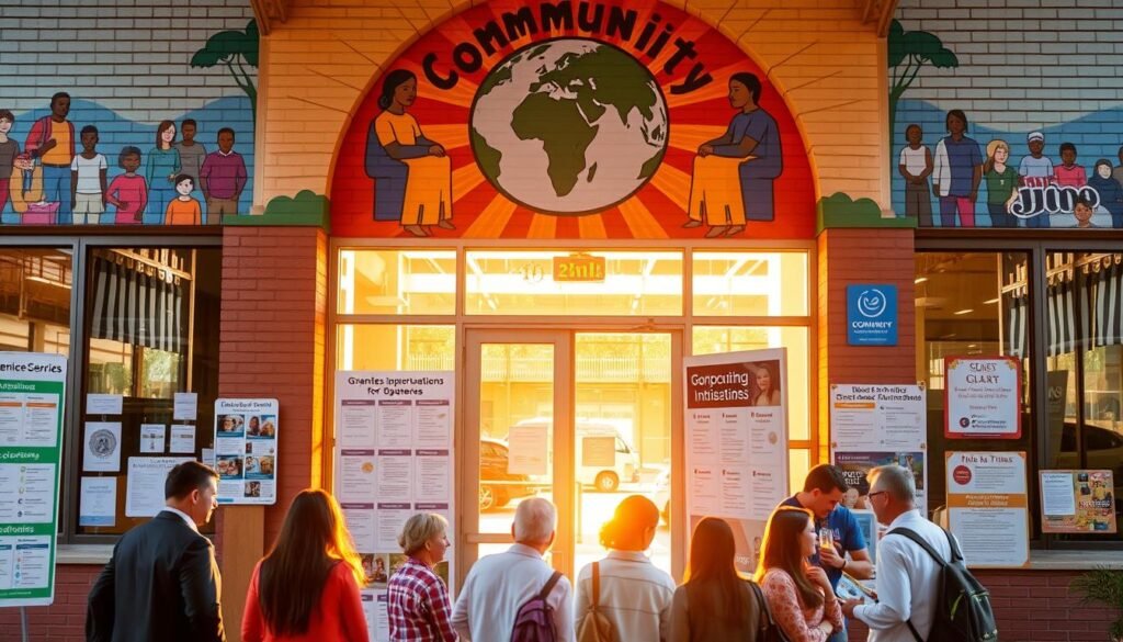 A vibrant community center, its facade adorned with a mural depicting diverse figures gathered around a central globe. The entrance is flanked by informational kiosks and bulletin boards, showcasing a variety of grant opportunities for local businesses, nonprofits, and community initiatives. Warm sunlight filters through large windows, illuminating the space and creating a welcoming atmosphere. In the foreground, a group of people are engaged in discussion, collaborating on grant proposals and sharing ideas. The overall scene conveys a sense of inclusivity, opportunity, and the transformative power of community-driven funding.