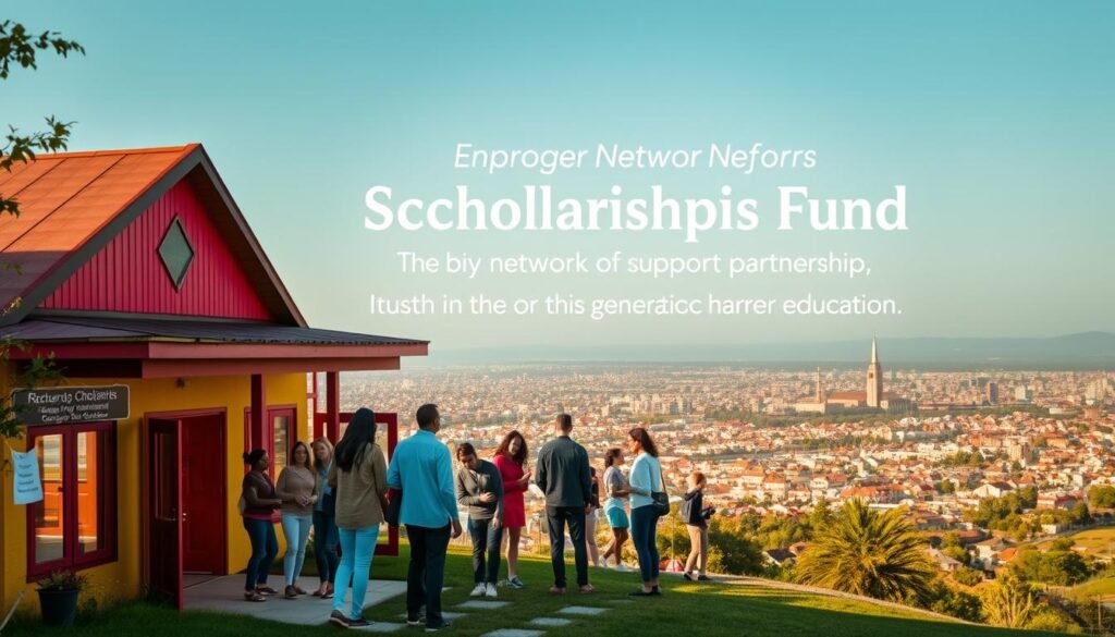 A vibrant community center stands in the foreground, its warm, inviting facade bathed in soft, golden light. In the middle ground, a group of diverse individuals - students, educators, and community leaders - gather, engaged in animated discussions. The background depicts a sprawling cityscape, symbolizing the broader network of support and partnership that sustains the scholarship fund. The scene exudes a sense of inclusivity, collaboration, and a shared commitment to empowering the next generation through education.