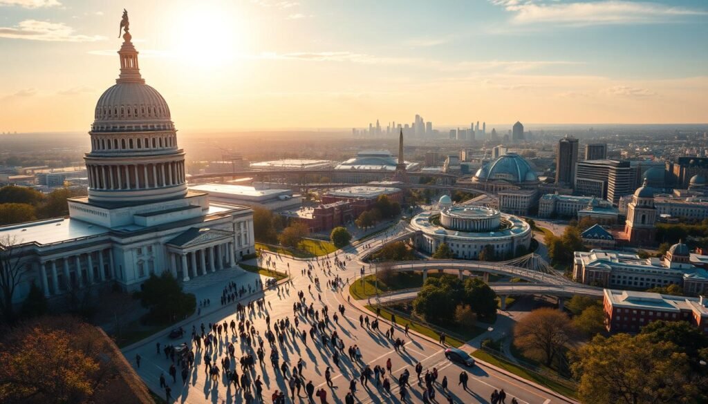 A vibrant depiction of federal funding, captured in a striking landscape. In the foreground, a majestic government building stands tall, its gleaming facade reflecting the sun's rays. Surrounding it, a bustling scene of people navigating the streets, carrying briefcases and files, symbolizing the flow of government resources. In the middle ground, a network of roads and bridges connects various institutions, representing the intricate infrastructure of federal funding. The background is a panoramic view of the city skyline, hinting at the far-reaching impact of federal initiatives. The overall mood is one of efficiency, progress, and the vital role of government support in fostering economic growth and community development.