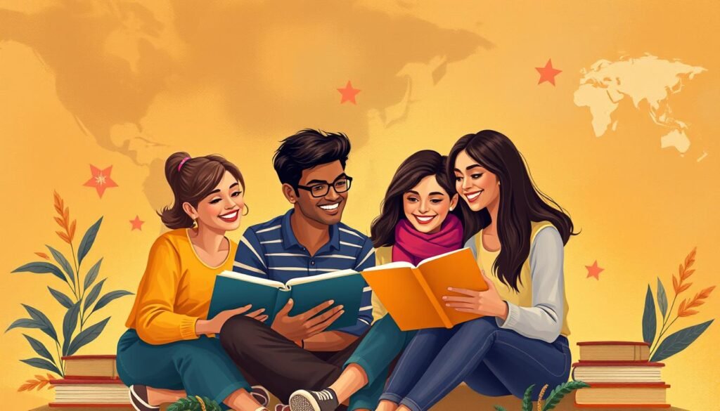 A vibrant, dynamic illustration of diverse international students studying together, surrounded by symbols of academic achievement and global connectivity. Warm, soft lighting casts a welcoming glow, while a richly textured, abstract background suggests the boundless possibilities of international educational opportunities. Carefully composed to highlight the collaborative, inclusive nature of these scholarship programs, with students of varied ethnicities and backgrounds engaged in animated discussion. The overall mood is one of optimism, opportunity and a celebration of cultural exchange.