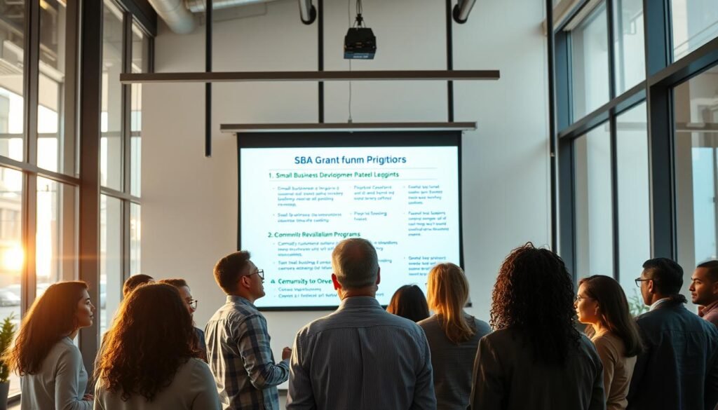 A vibrant, dynamic scene depicting various SBA grant programs for organizations. In the foreground, a diverse group of business owners enthusiastically discussing funding opportunities, their faces lit by the soft, warm glow of a modern office setting. In the middle ground, a projection screen displays detailed information about different SBA grant initiatives, from small business development to community revitalization programs. The background features a sleek, minimalist interior design, with large windows allowing natural light to pour in, creating an atmosphere of professionalism and innovation. The overall mood is one of optimism, collaboration, and the promise of growth and prosperity for the organizations represented.