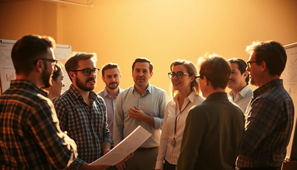 A vibrant, dynamic scene of startup funding strategies. In the foreground, a group of entrepreneurs animatedly discussing their ideas, surrounded by a variety of visual aids like charts, graphs, and whiteboards. In the middle ground, investors and venture capitalists intently listening, their expressions reflecting deep contemplation. The background bathes the scene in a warm, golden light, suggesting an atmosphere of possibility and growth. The lighting is soft and directional, casting subtle shadows that add depth and dimensionality to the composition. The overall mood is one of collaborative energy, innovation, and the thrill of new opportunities.