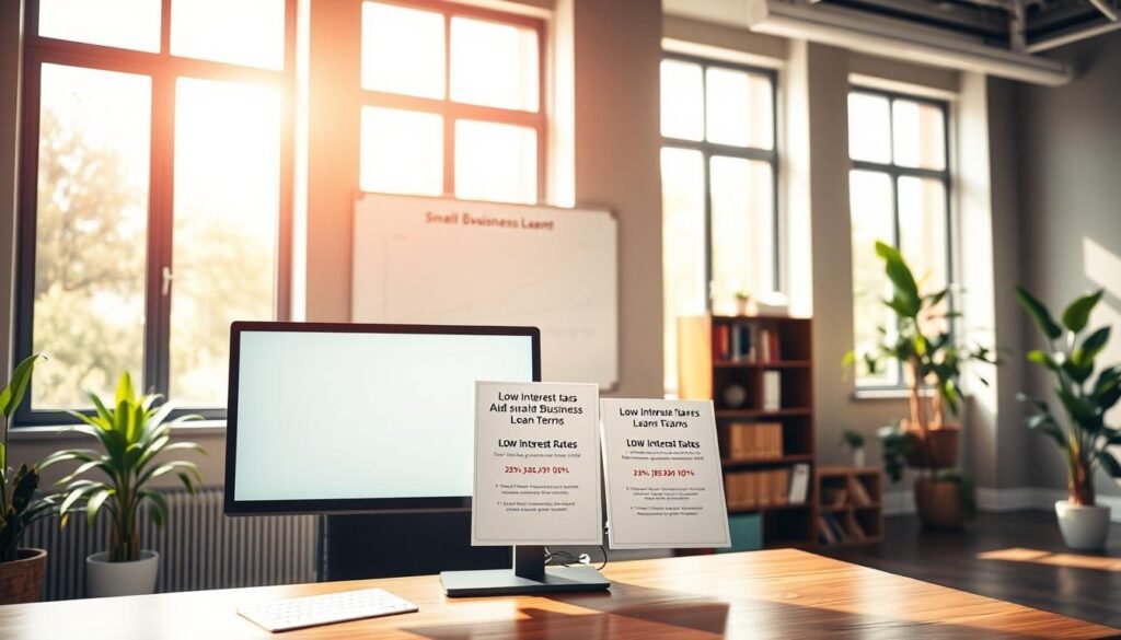 A vibrant, modern office interior with large windows flooding the space with warm, natural light. In the foreground, a sleek wooden desk displays a computer monitor and a few documents showcasing low interest rates and flexible terms for small business loans. Behind the desk, a whiteboard on the wall displays a graph comparing the rates of different lenders. In the background, a bookshelf and potted plants add a touch of greenery, creating a professional yet inviting atmosphere. The overall scene conveys a sense of financial security, growth, and opportunity for small businesses.