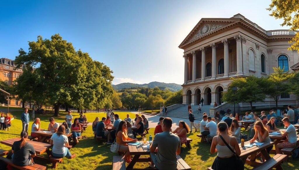 A vibrant panoramic scene of a lush, sun-dappled university campus during the summer. In the foreground, groups of students gather around picnic tables, engaged in lively discussions and collaborative study sessions. Mid-ground, an iconic campus building with ornate architecture stands proudly, its stately columns and arched windows reflecting the warm glow of the afternoon sun. In the background, verdant trees and rolling hills create a tranquil, inviting backdrop, setting the stage for a transformative study abroad experience. The atmosphere is one of intellectual stimulation, global cultural exchange, and the endless possibilities of summer learning.