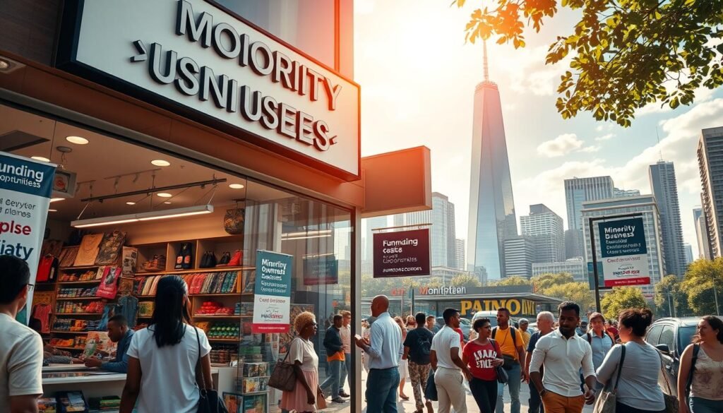 A vibrant storefront with a prominently displayed "Minority-Owned Business" sign, surrounded by a diverse array of shoppers and entrepreneurs. The interior is well-lit, showcasing a range of products and services, while the exterior features banners highlighting funding opportunities. In the background, a city skyline with towering skyscrapers and a sun-dappled sky conveys a sense of urban vitality and economic opportunity. The overall scene exudes a spirit of community, empowerment, and the promise of growth for minority-owned enterprises.