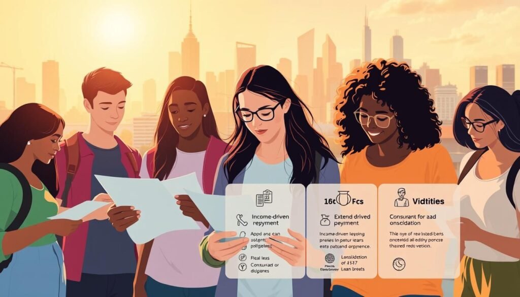 A vibrant, visually-striking illustration of repayment options for student loans. In the foreground, a diverse group of young adults examining documents and discussing various plans - income-driven repayment, extended repayment, consolidation, and loan forgiveness. The middle ground features an array of icons and infographic elements highlighting the key features of each option. In the background, a warm, sun-drenched cityscape with skyscrapers and modern architecture, conveying a sense of progress and opportunity. The lighting is soft and diffused, creating a calm, contemplative atmosphere. The overall composition is well-balanced, with a clean, minimalist aesthetic that draws the viewer's attention to the central subject matter.