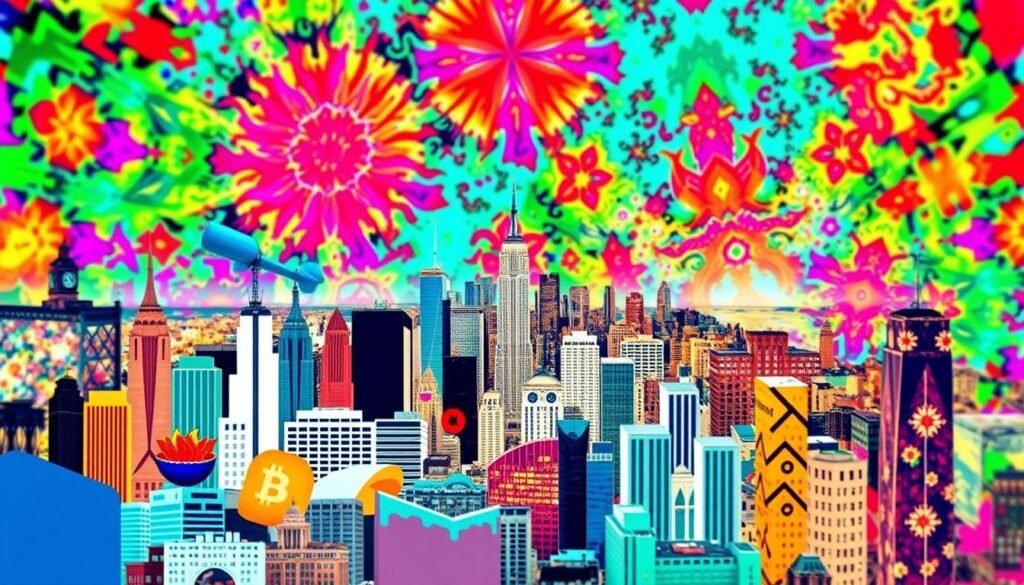 A vibrant, visually striking image depicting the diverse landscape of early-stage startup funding. In the foreground, a collage of funding sources comes to life - angel investors, venture capitalists, and crowdfunding platforms represented by abstract shapes and icons. The middle ground showcases a cityscape dotted with skyscrapers, symbolizing the bustling startup ecosystem. In the background, a vibrant, kaleidoscopic pattern of colors and textures creates a dynamic, energetic atmosphere. The overall composition conveys the complexity, interconnectedness, and excitement of the startup funding world. Crisp, high-contrast lighting and a wide-angle lens create a sense of depth and immersion. The image exudes a sense of potential, innovation, and the promise of growth.