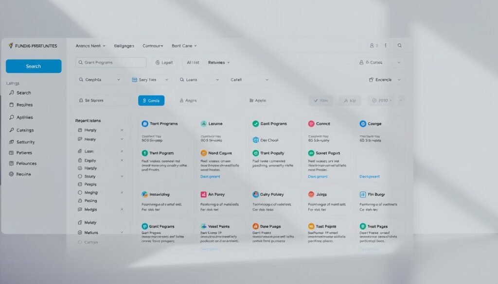 A vibrant, well-organized database interface showcasing a variety of funding opportunities for businesses. The foreground features a clean, user-friendly dashboard with intuitive search and filter options, categorized listings, and relevant data visualizations. The middle ground depicts a curated selection of grant programs, loans, and investment opportunities, each represented by distinct icons and informative tooltips. In the background, a soothing, pastel-toned gradient provides a sense of depth, complemented by subtle, elegant typography and a minimalist layout that prioritizes clarity and accessibility. Soft, natural lighting illuminates the scene, creating a welcoming and trustworthy atmosphere for entrepreneurs seeking financial support.