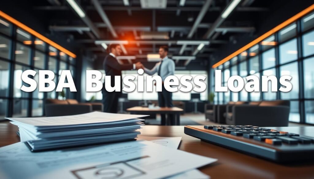 A visually striking illustration of SBA business loans, captured with a wide-angle lens and dramatic lighting. In the foreground, a stack of documents and a calculator symbolize the paperwork and financial considerations involved. In the middle ground, a businessperson shakes hands with a financial advisor, conveying the collaborative nature of securing small business financing. The background features a modern office setting, with sleek, minimalist furniture and large windows, creating a sense of professionalism and success. The overall mood is one of confidence, opportunity, and the empowerment of small businesses through accessible financial resources.