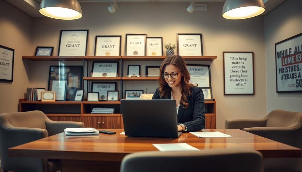 A warm, inviting office interior with a large wooden desk and comfortable chairs. In the foreground, a woman entrepreneur sits at the desk, reviewing documents and laptop screen. Behind her, shelves display industry-specific grant certificates and awards. The walls feature inspirational artwork and motivational quotes. Soft, diffused lighting emanates from overhead lamps, creating a professional yet encouraging atmosphere. The scene conveys a sense of empowerment, opportunity, and the tangible rewards of perseverance for women in business.
