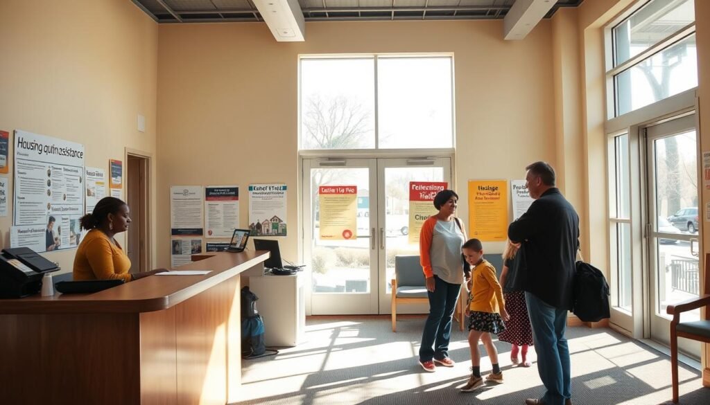 A warm, welcoming interior of a community center offering housing and energy assistance programs. Sunlight streams through large windows, illuminating a reception desk where a helpful staff member assists a family. In the background, posters and bulletin boards display information on various government aid initiatives. The space exudes a sense of comfort and accessibility, designed to make visitors feel supported and empowered to access the resources they need.