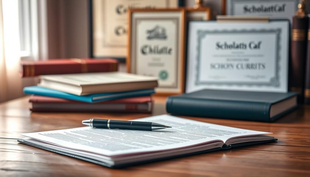 A well-crafted scholarship essay, nestled on a wooden desk against a backdrop of books and academic certificates. The essay's pages are neatly arranged, with a pen poised, ready to capture the student's thoughtful expression. Soft, directional lighting casts a warm glow, emphasizing the essay's importance. The scene exudes a sense of focus, determination, and the pursuit of academic excellence.