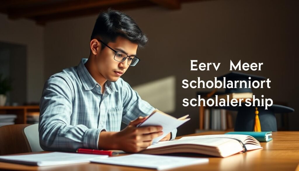 A well-lit academic setting, with a focused student sitting at a desk, intently studying textbooks and papers. In the background, a diploma and graduation cap are prominently displayed, symbolizing academic achievement. The lighting is warm and inviting, creating a studious atmosphere. The angle is slightly elevated, giving a sense of the student's dedication and determination to qualify for a merit scholarship. The overall composition conveys the diligence and hard work required to earn this prestigious academic honor.