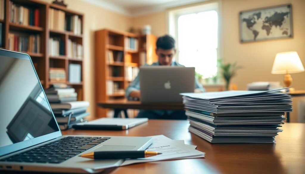 A well-lit and organized office desk, with a laptop, documents, and a pen in the foreground. In the middle ground, a person sitting at the desk, focused on their computer screen, with a stack of scholarship application forms nearby. The background depicts a cozy, warm-toned study area, with bookshelves and a window letting in natural light. The overall atmosphere conveys a sense of diligence, research, and the process of navigating the scholarship application journey.